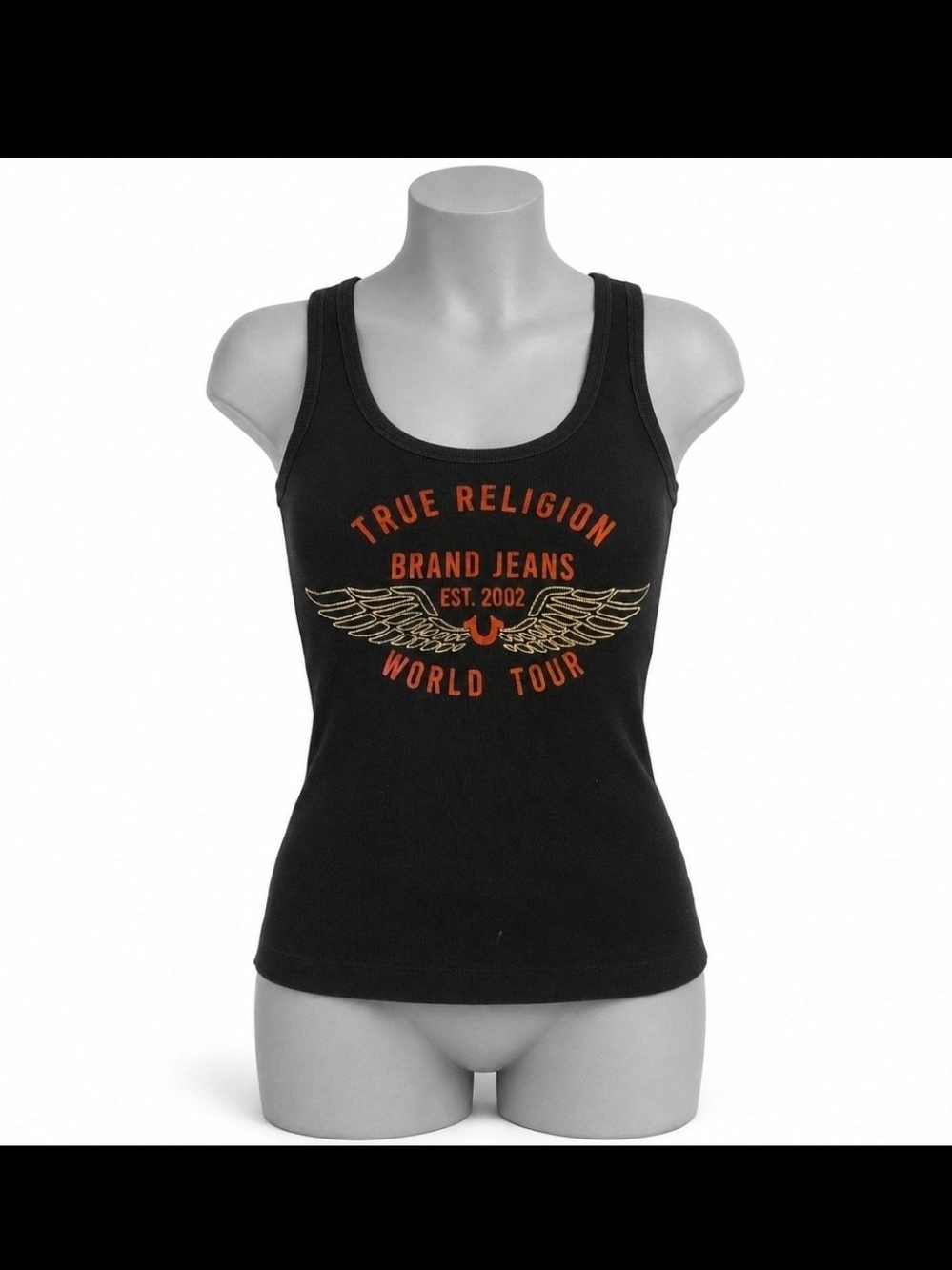 True Religion Black Tank Top with Orange and Gold Wing Graphic